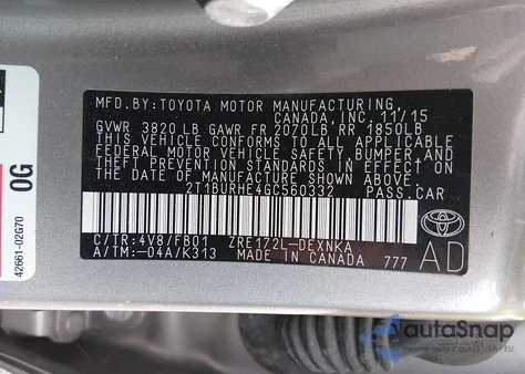 2016 Toyota Corolla Le from USA, damaged, VIN 2T1BURHE4GC560332